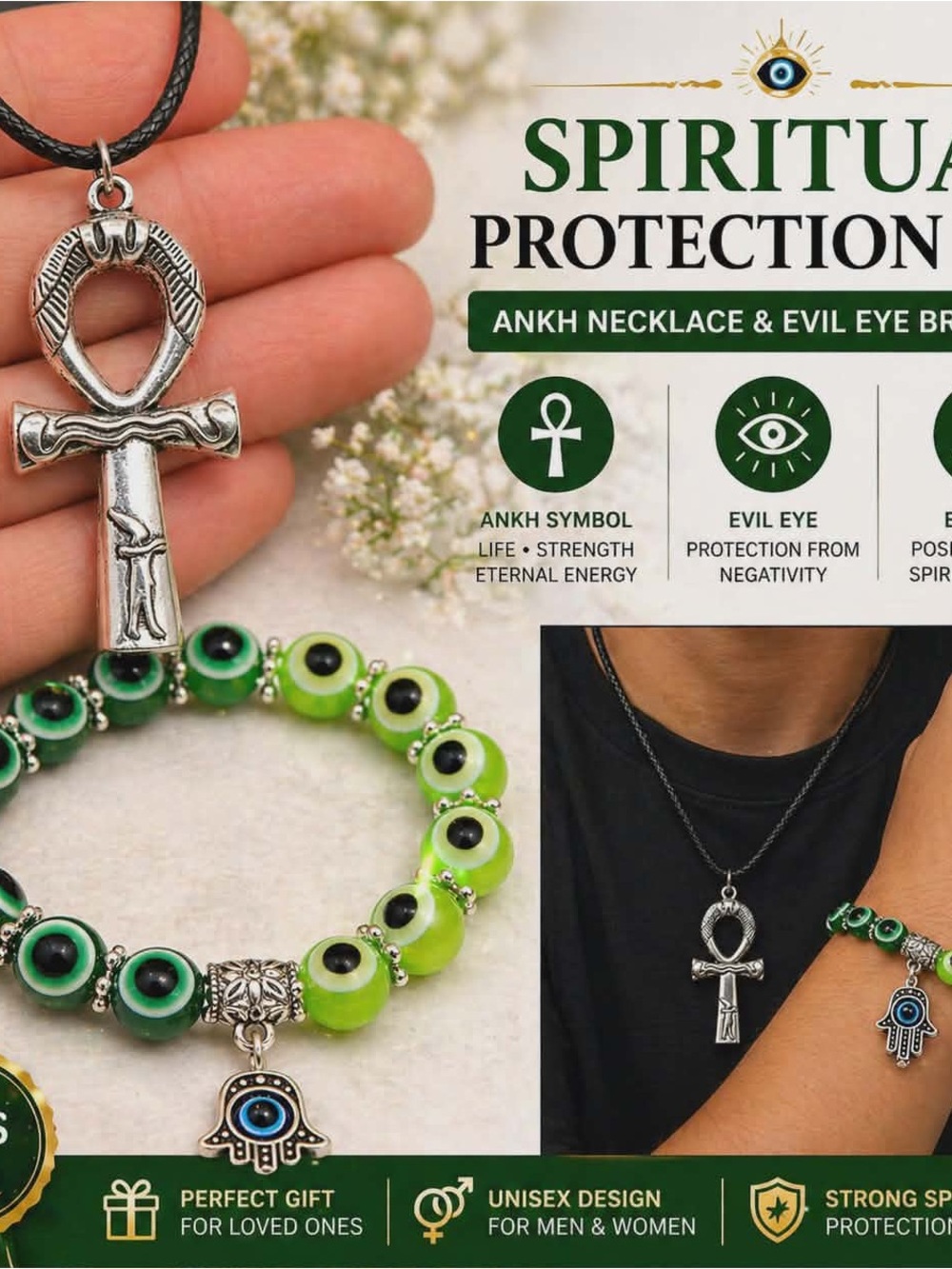 Spiritual Protection Ankh Necklace with Green Evil Eye Bracelet Set